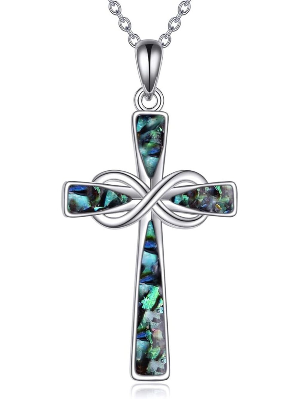 Men’s Green S925 Sterling Silver Abalone Infinity Cross Pendant Necklace Jewelry
